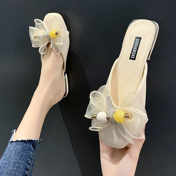 Papuci moderni de damă cu talpă plată și element panglică