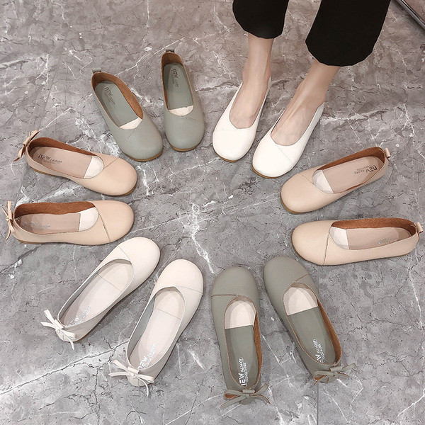 Pantofi de dama din piele cu talpa plata si panglica