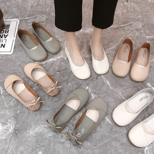 Pantofi de dama din piele cu talpa plata si panglica