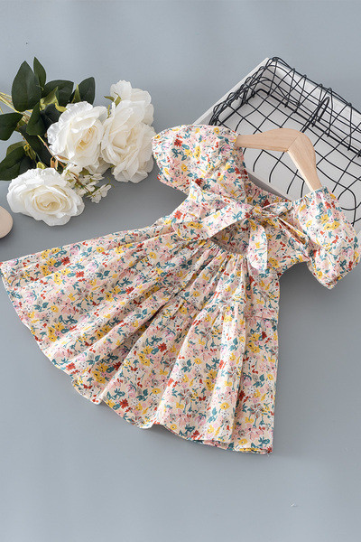 Rochie copii model nou pentru fete cu maneci scurte si panglica