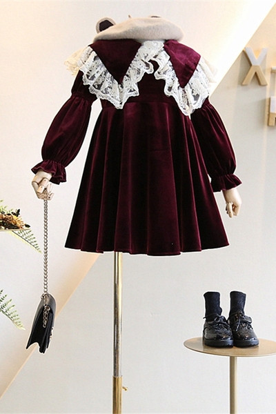 Rochie de copii eleganta pentru fete din catifea cu maneci lungi