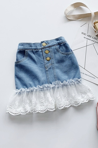 Fusta de blugi pentru copii model nou cu talie elastica si dantela