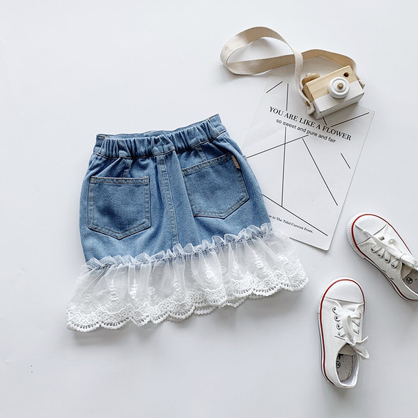 Fusta de blugi pentru copii model nou cu talie elastica si dantela