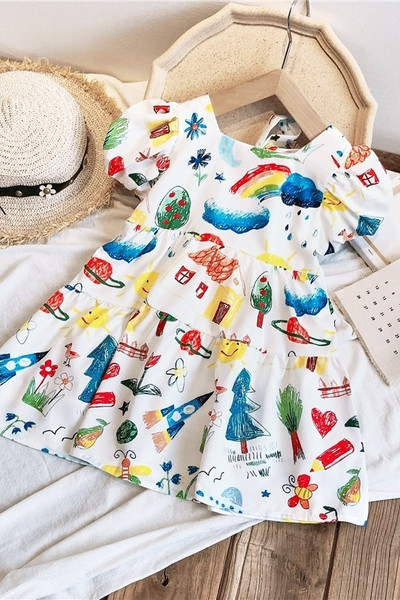 Rochie casual pentru copii pentru fete cu maneca scurta si model colorat