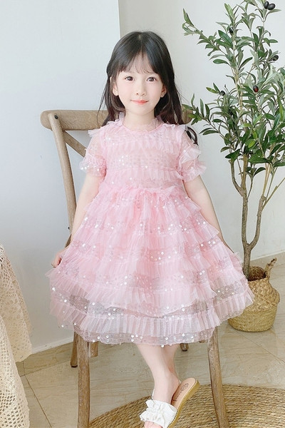 Стилна детска рокля за момичета с къс ръкав, пайети и тюл