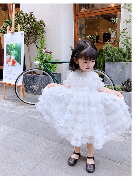 Стилна детска рокля за момичета с къс ръкав, пайети и тюл