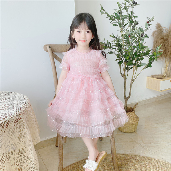 Стилна детска рокля за момичета с къс ръкав, пайети и тюл