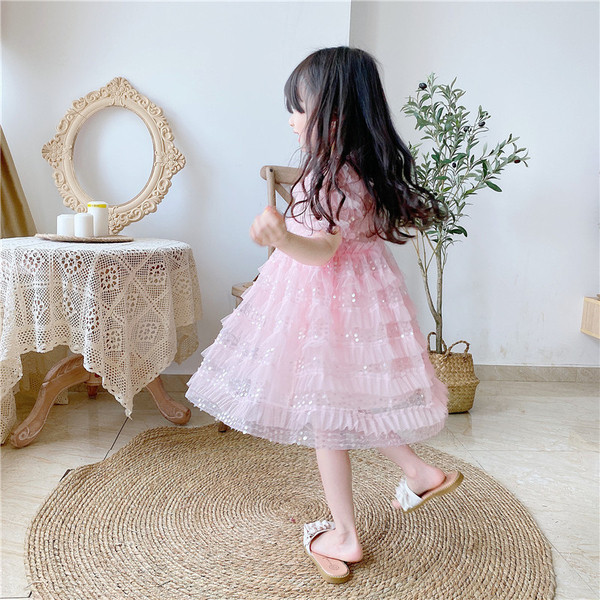 Стилна детска рокля за момичета с къс ръкав, пайети и тюл