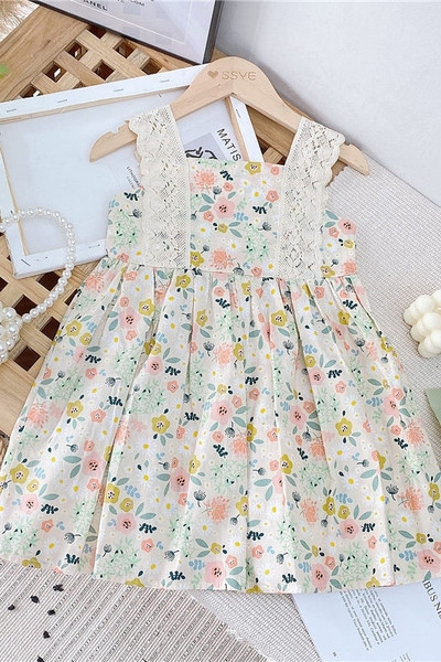 Rochie de vara copii pentru fete cu bretele din dantela si model floral