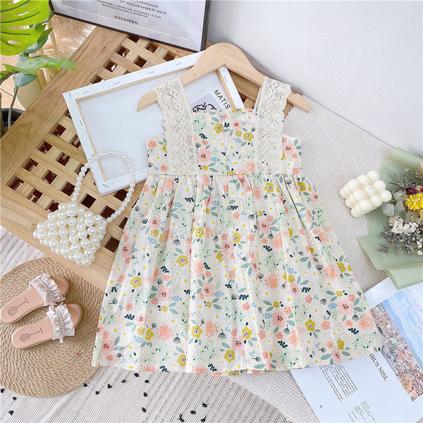 Rochie de vara copii pentru fete cu bretele din dantela si model floral