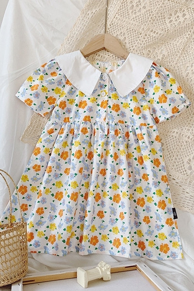 Детска ежедневна рокля за момичета с къс ръкав и класическа яка