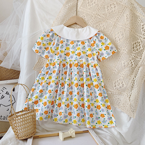 Детска ежедневна рокля за момичета с къс ръкав и класическа яка