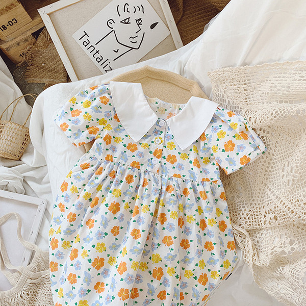 Детска ежедневна рокля за момичета с къс ръкав и класическа яка