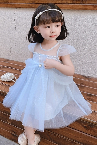 Rochie albastra pentru fete pentru copii cu tul si perle