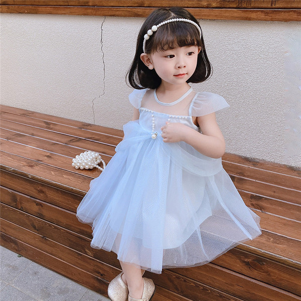 Rochie albastra pentru fete pentru copii cu tul si perle