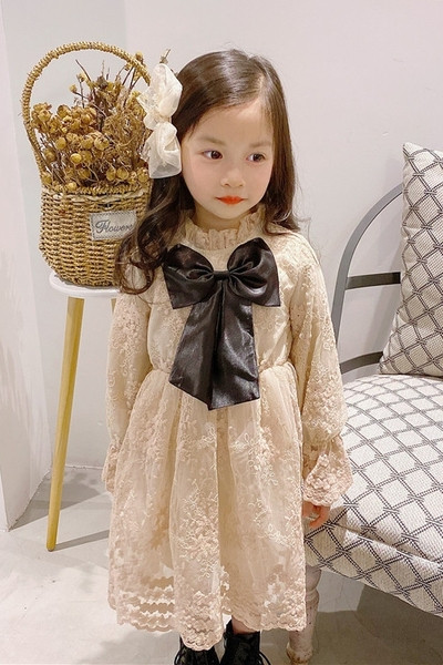 Rochie copii din dantela pentru fete cu maneci lungi si panglica