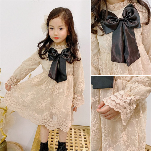 Rochie copii din dantela pentru fete cu maneci lungi si panglica