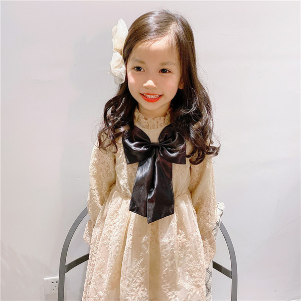 Rochie copii din dantela pentru fete cu maneci lungi si panglica