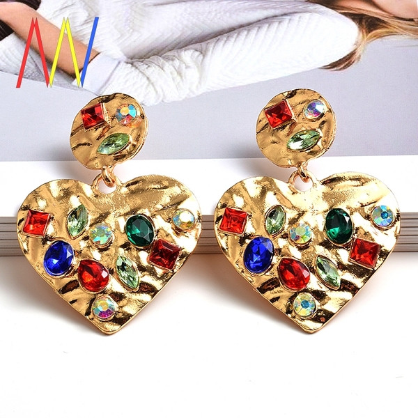 Cercei de dama din metal in forma de inima cu pietre colorate