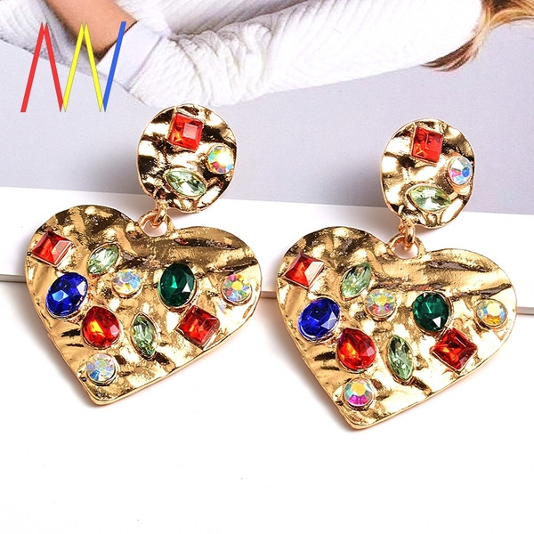 Cercei de dama din metal in forma de inima cu pietre colorate