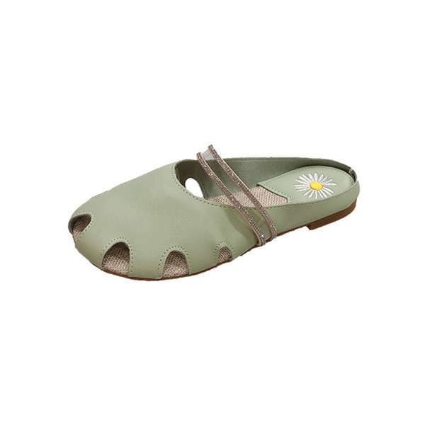 Papuci de damă din piele cu talpă plată și părți deschise