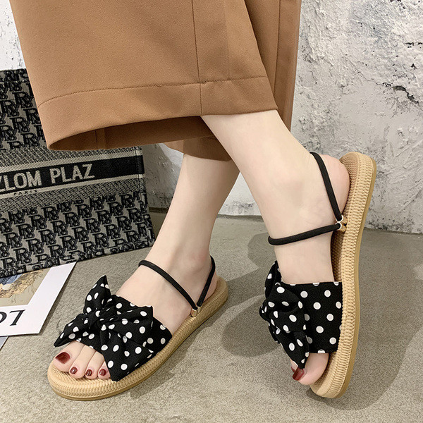 Sandale de dama cu bareta si panglica cu buline