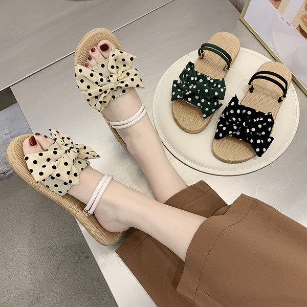 Sandale de dama cu bareta si panglica cu buline