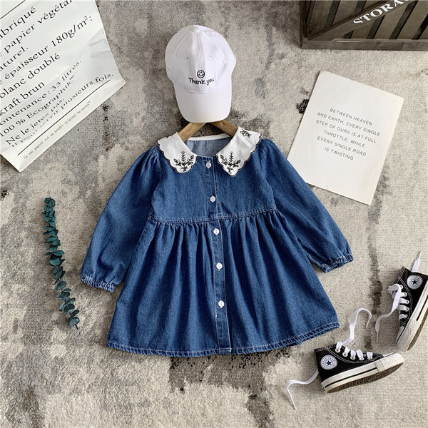 Rochie copii din denim pentru fete model croiat cu maneci lungi si guler