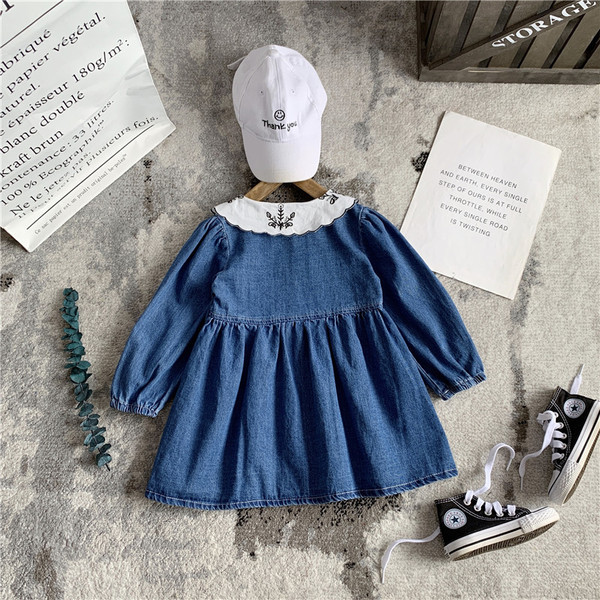 Rochie copii din denim pentru fete model croiat cu maneci lungi si guler