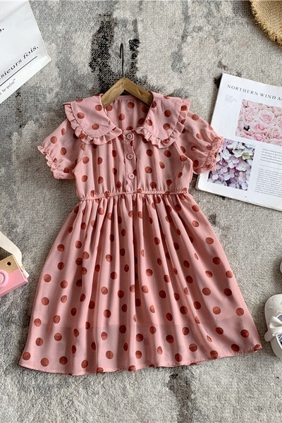 Rochie modernă pentru copii pentru fete cu mâneci scurte și guler