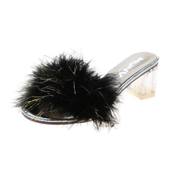 Papuci de dama cu puf si toc patrat transparent