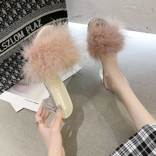 Papuci de dama cu puf si toc patrat transparent
