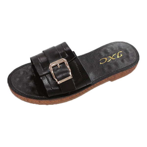 Papuci de damă din piele cu talpă plată și curea din piele