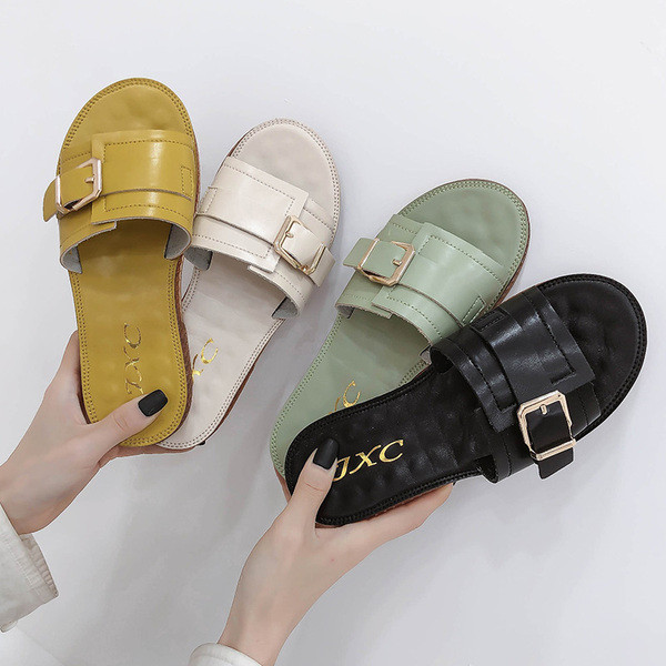 Papuci de damă din piele cu talpă plată și curea din piele