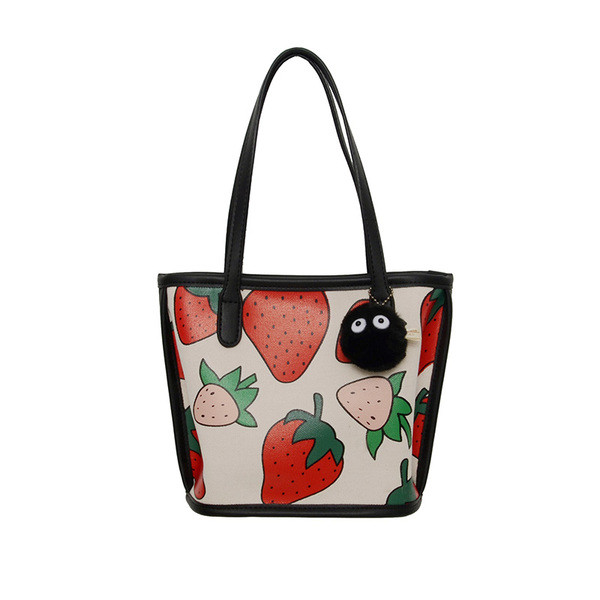 Ikdienas sieviešu soma ar īsiem rokturiem un labi ar zemenēm