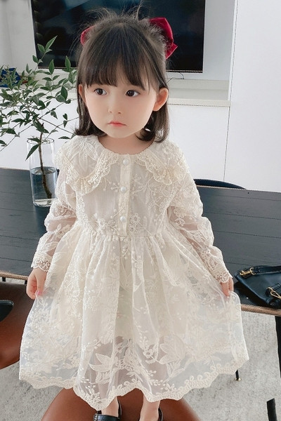 Moderna bērnu kleita ar izšuvumiem un garām piedurknēm