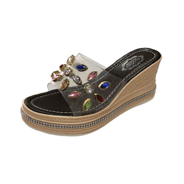 Sieviešu modernas čības ar augstām zolēm un krāsainiem akmeņiem