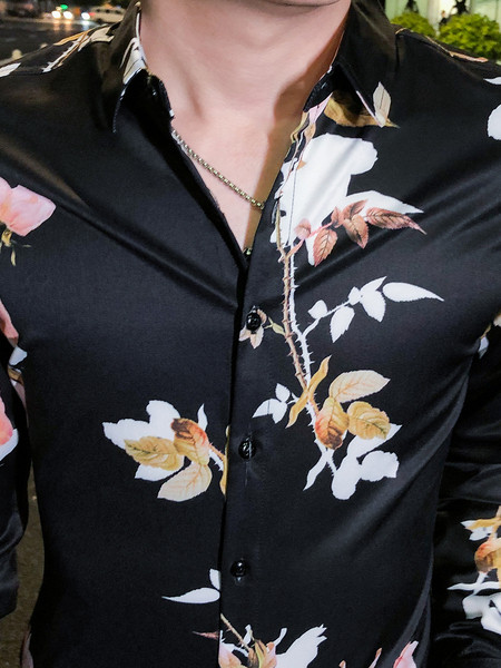 Modern férfi ing hosszú ujjal és virágos motívumokkal