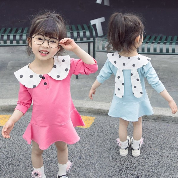 Ikdienas bērnu kleita ar lielu apkakli ar punktiem