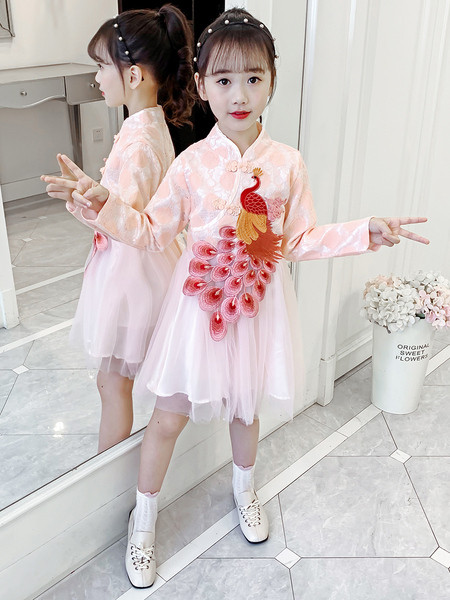 Rózsaszín gyerekruha páva rátéttel és szalaggal