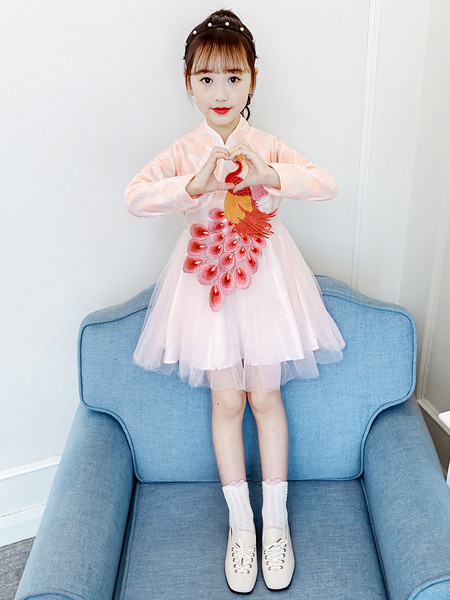 Rózsaszín gyerekruha páva rátéttel és szalaggal