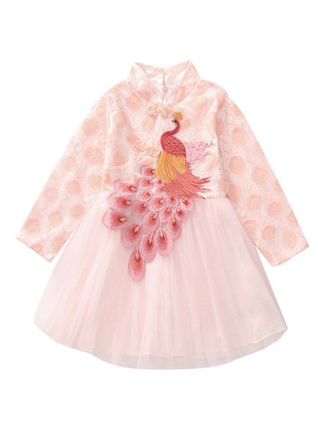 Rózsaszín gyerekruha páva rátéttel és szalaggal