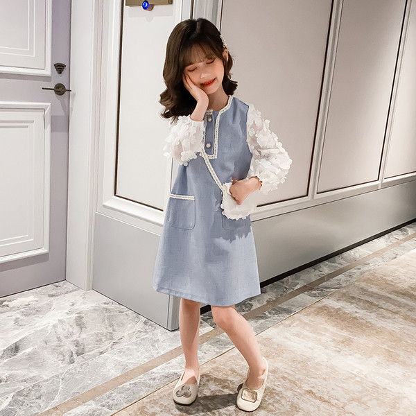 Kék retro gyerekruha csipke elemekkel