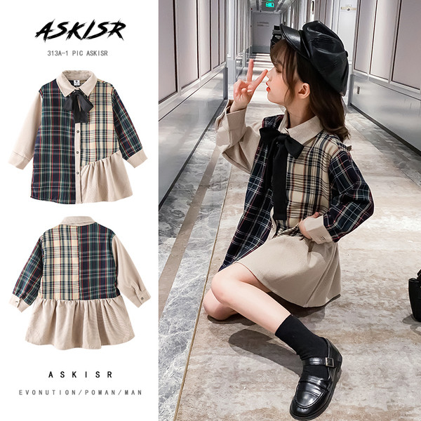 Kéttónusú kockás gyerekruha gallérral, szalaggal