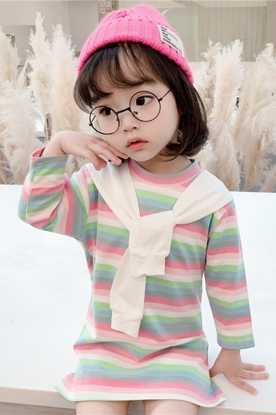 Svītraina bērnu kleita meitenēm ar garām piedurknēm un uzrakstu