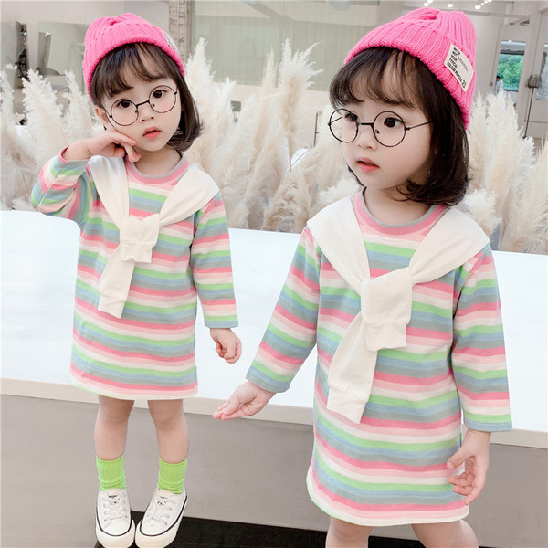 Svītraina bērnu kleita meitenēm ar garām piedurknēm un uzrakstu