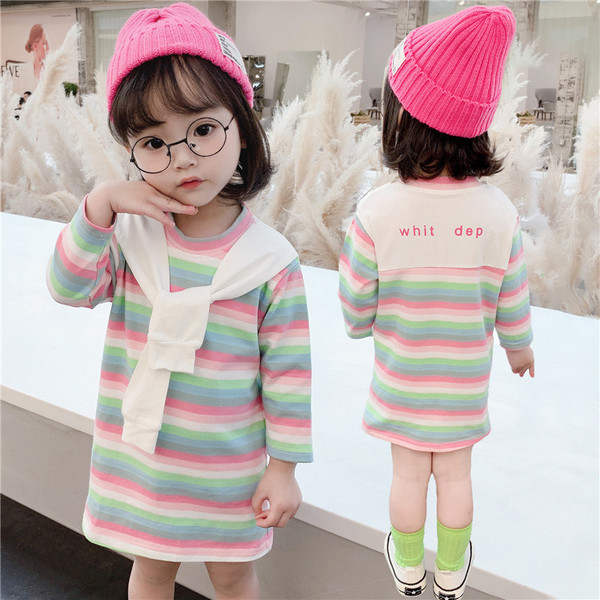 Svītraina bērnu kleita meitenēm ar garām piedurknēm un uzrakstu