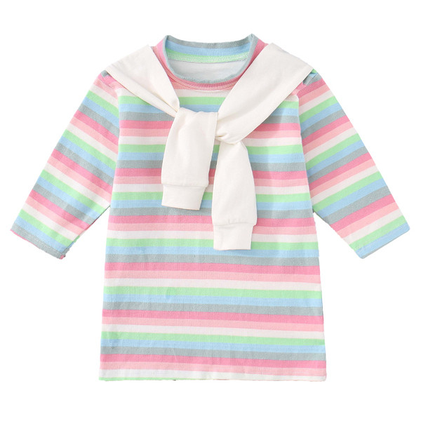 Svītraina bērnu kleita meitenēm ar garām piedurknēm un uzrakstu