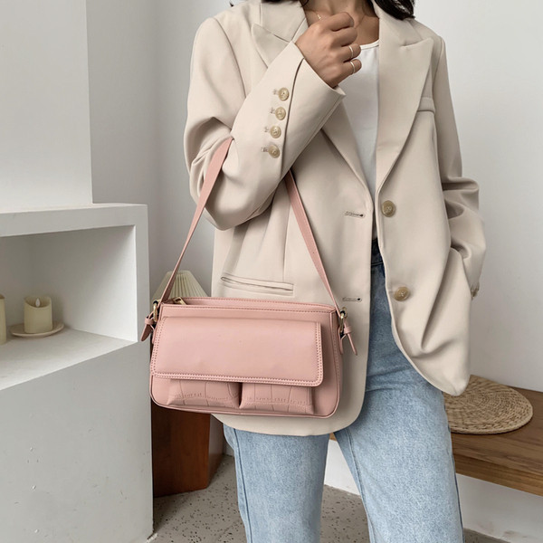 Geanta de dama eleganta din piele ecologica cu maner lung si buzunar frontal