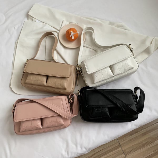 Geanta de dama eleganta din piele ecologica cu maner lung si buzunar frontal